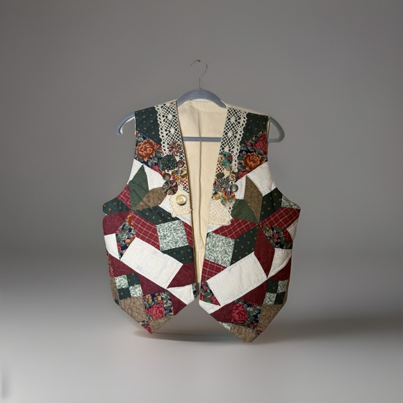 Vintage Jackets & Blazers - Vintage‎ Quilted Handmade Granny Quilt Patchwork Button Vest Cottagecore
